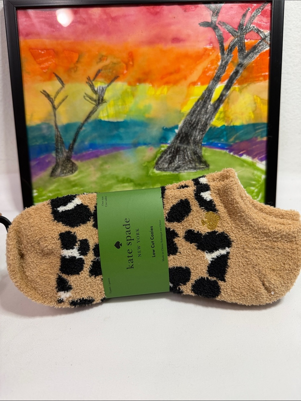 kate spade Leopard Print Fuzzy Ankle Socks in Tan, Black & White‎ set of 3 pairs